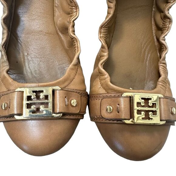 Tory Burch Ambrose flex sole ballet Flats camel tan Leather Scrunch flexible 6.5 - Picture 3 of 10
